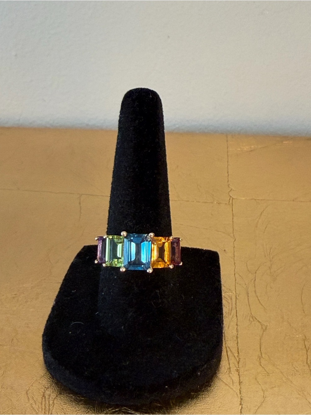Vintage 14k Emerald Cut Multi Color Gem Stone Ring